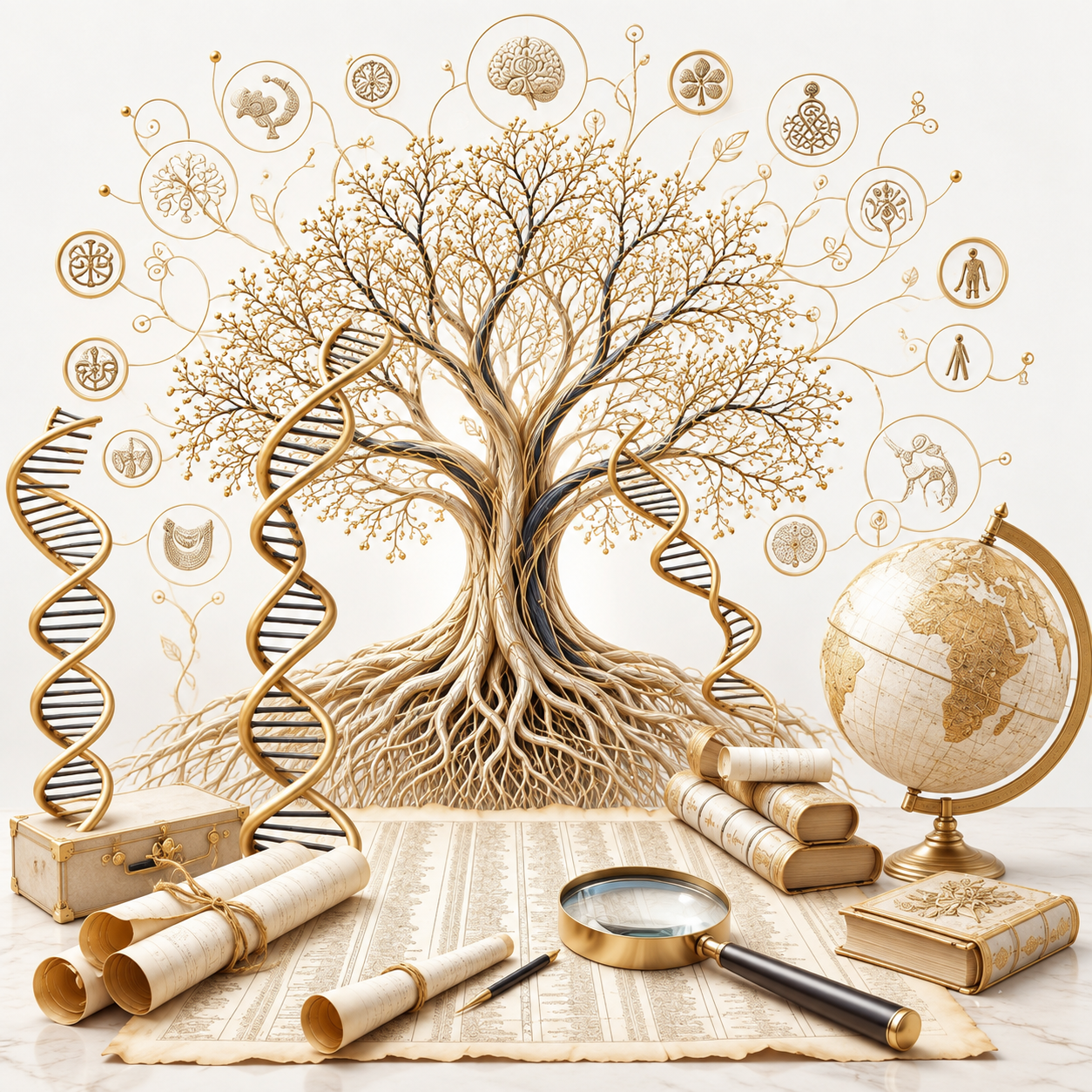 A golden tree of life woven with DNA strands, scrolls and a globe, symbolising ancestry and inheritance